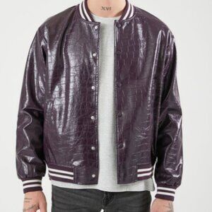 Me's Faux Croc Varsity Bomber Jacket: Luxe Style Meets Classic Varsity Vibes
